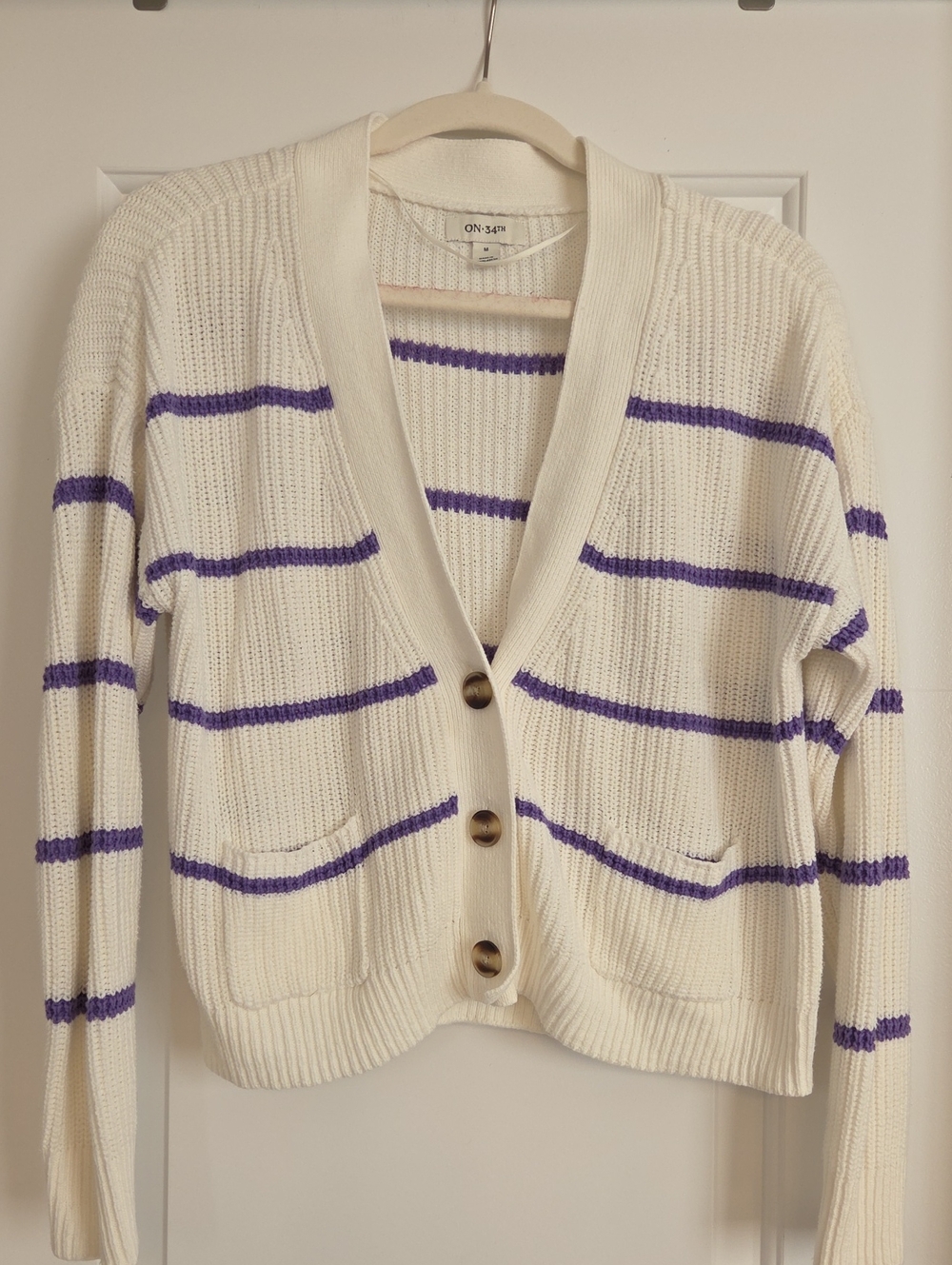 On 34th Striped V-Neck Button-Front Cardigan Cream & Purple Medium